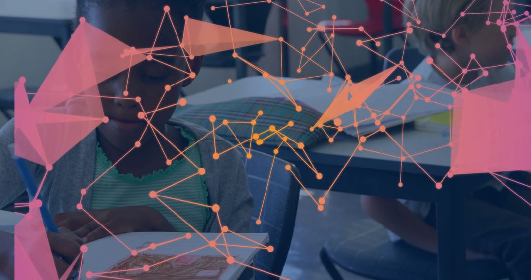 Children Studying with Technology Network Overlay in Classroom