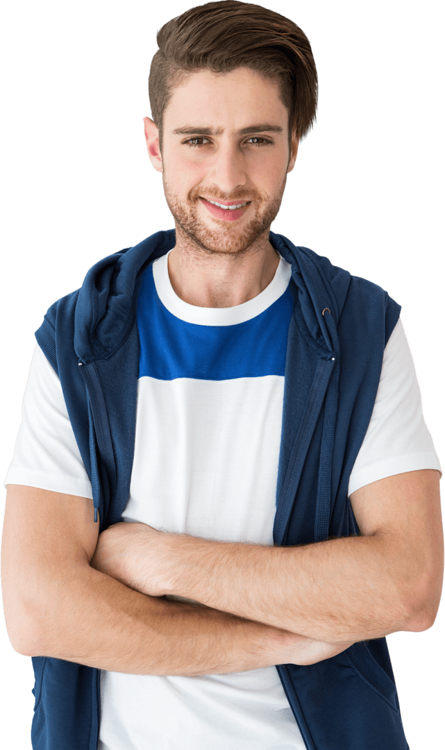 Casual Young Man Standing with Transparent Arm Cross Pose