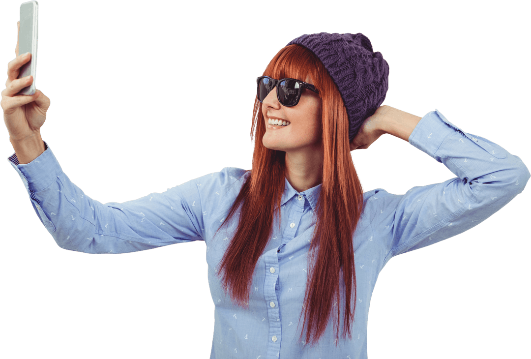 Stylish Hipster Woman Taking a Selfie with Transparent Background
