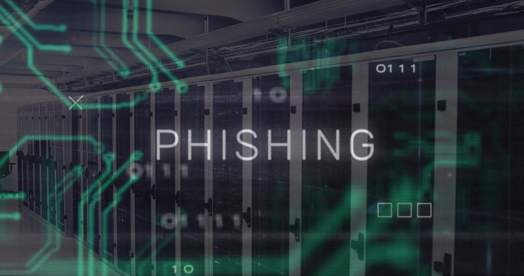 Server Rack Corridor Showing PHISHING Overlay Conveying Cyberattack Threat and Data Breach