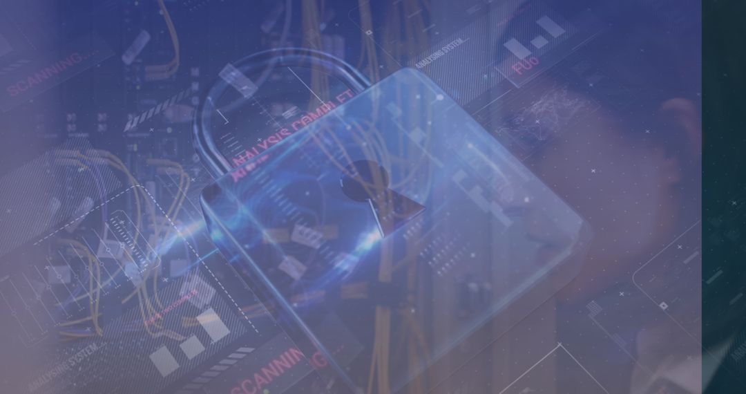 Cybersecurity Lock Icon Overlapping Female Engineer in Server Room
