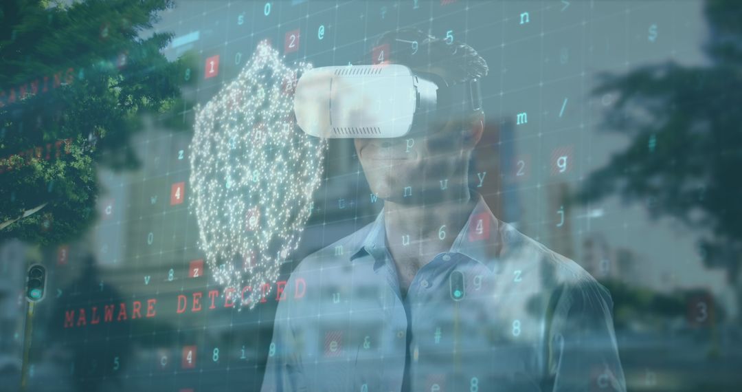 VR Headset User Within Cityscape Overlay Alerts Cybersecurity Concerns