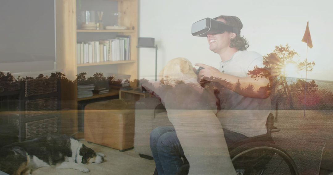 Man in wheelchair enjoying vr experience with dogs