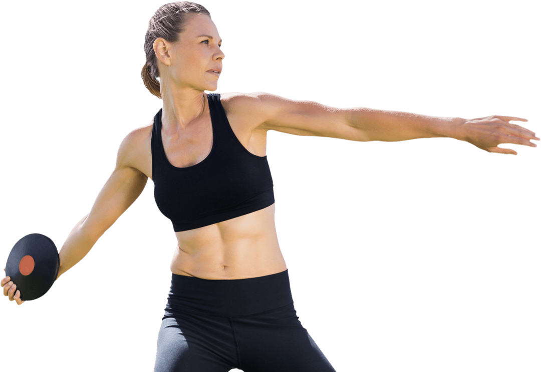 Caucasian Sportswoman Throwing Disc on Transparent Background