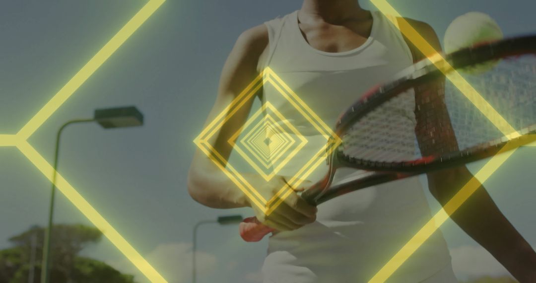 Dynamic Tennis Player Holding Racket with Graphic Overlay