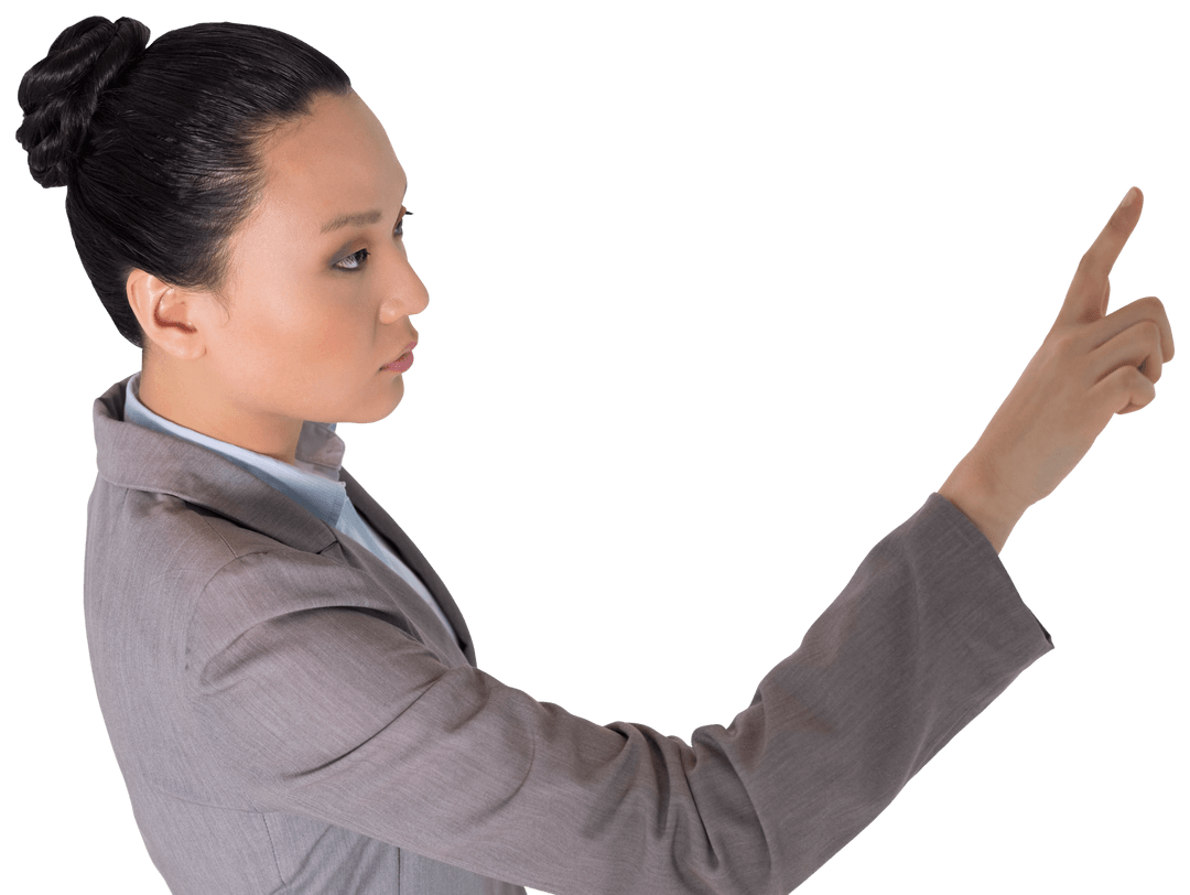 Transparent Asian Businesswoman Pointing for Professional Presentation