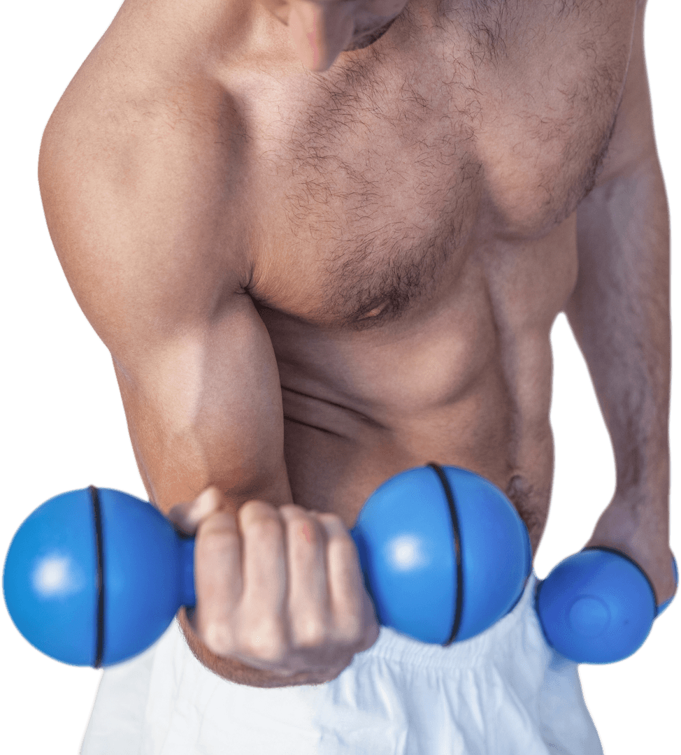 Transparent Muscular Man Holding Blue Dumbells
