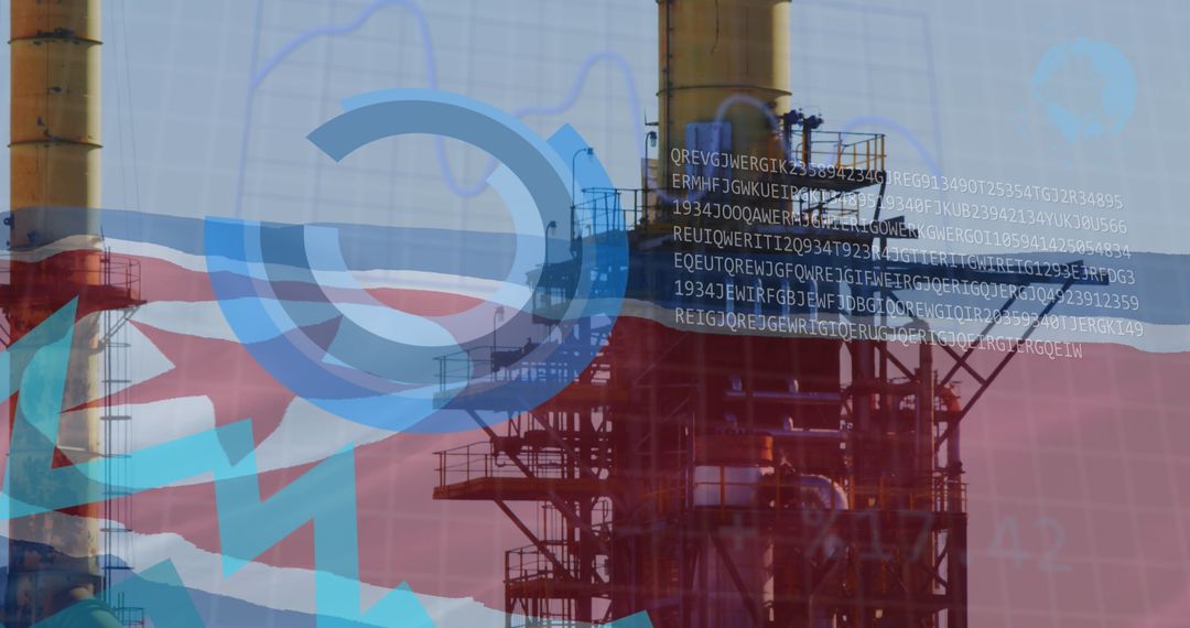 Industrial data overlay with North Korea flag and financial symbols