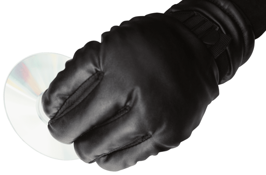 Gloved Hand Holding Compact Disc on Transparent Background