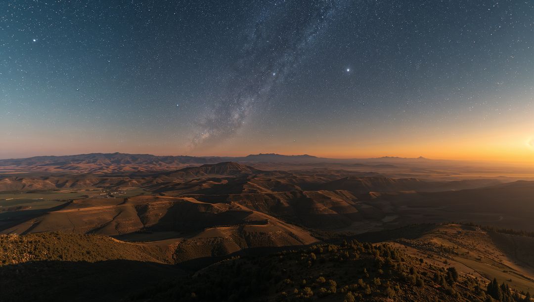 Milky Way Over Sunlit Mountain Valley at Dusk, Panoramic Starry Desert Landscape