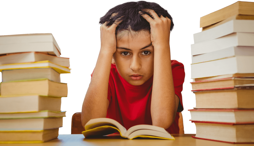 Stressed Young Boy Transparent Surrounding Piles of Books