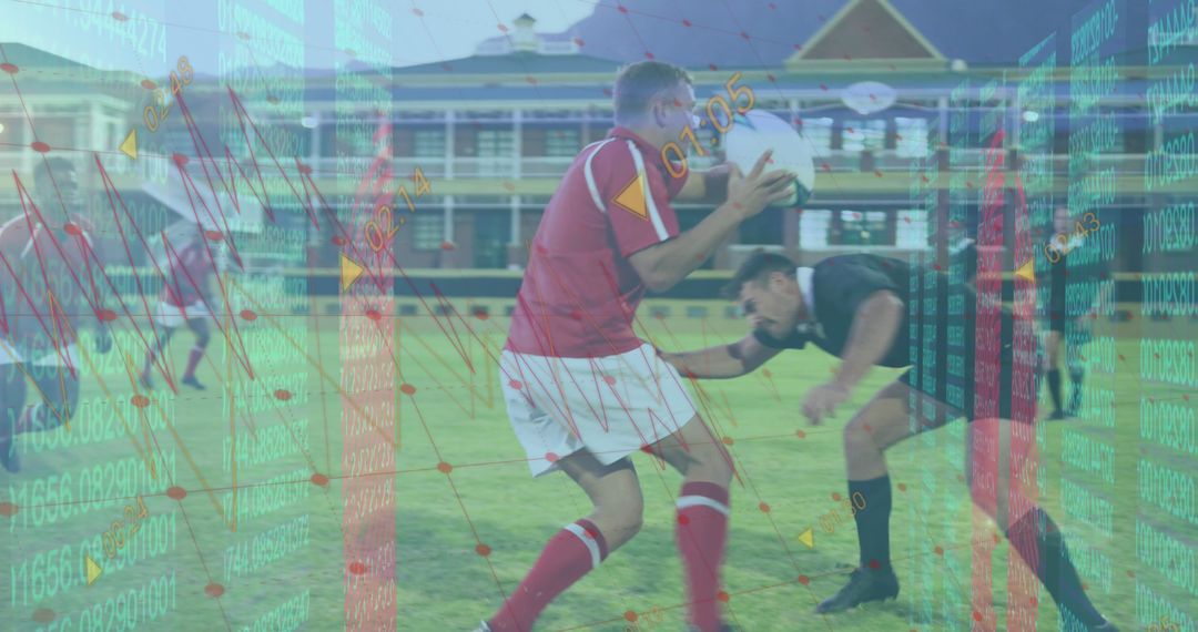 Rugby Players Action with Digital Data Overlay at Open Field