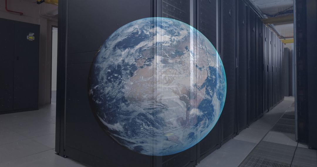 Globe Overlaid on Server Room Symbolizing Global Data Networking