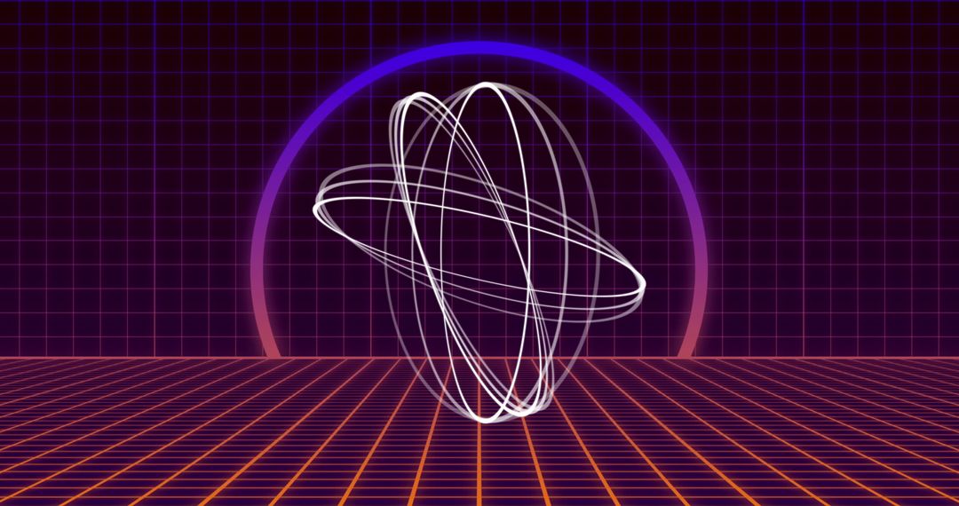 Abstract Neon Circles Spinning with Futuristic Grid Background