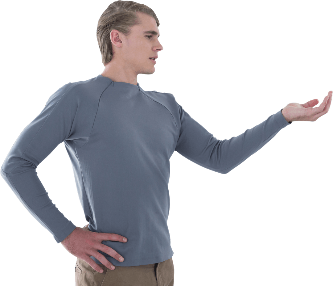 Businessman in Gray Sweater Holding Transparent Object with Hand on Hip
