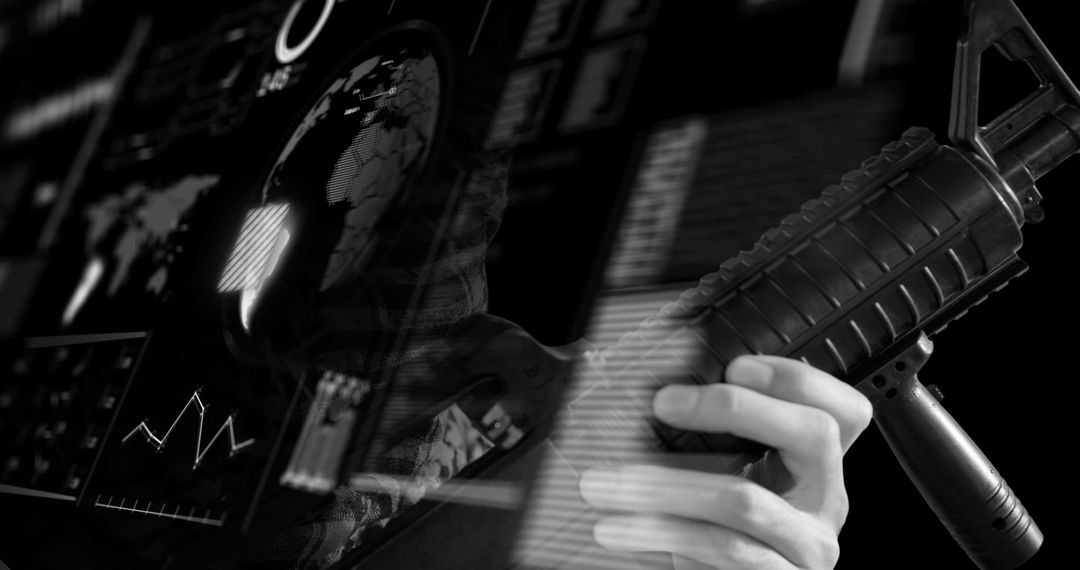 Soldier's Hand with Gun Overlaid on Digital World Interface