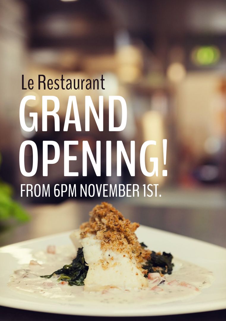Gourmet Dish with Grand Opening Announcement Text Overlay
