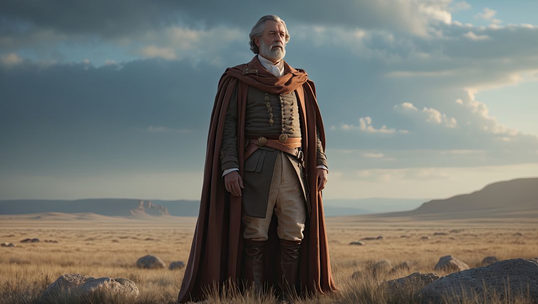 Senior Traveler in Fantasy Cloak Exploring Arid Grassland