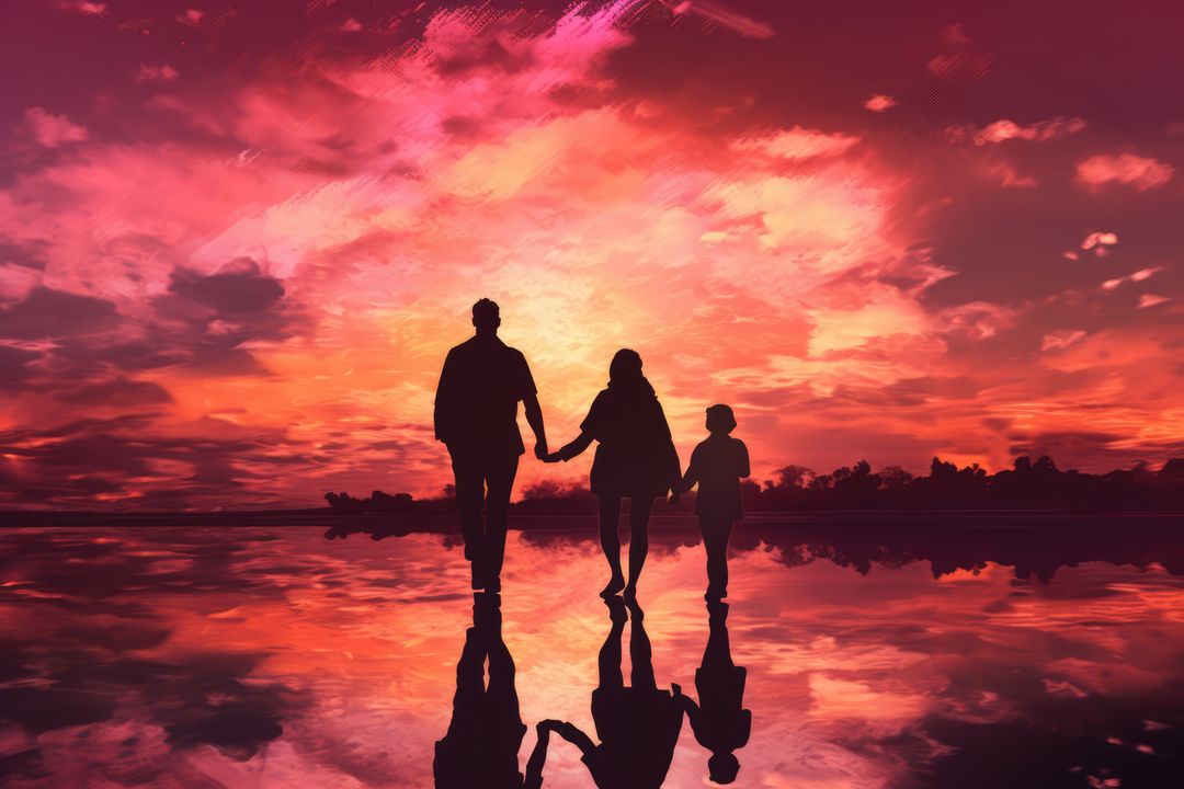 Silhouette of couple with daughter at sunset, created using generative ai technology - Free Images, Stock Photos and Pictures on Pikwizard.com