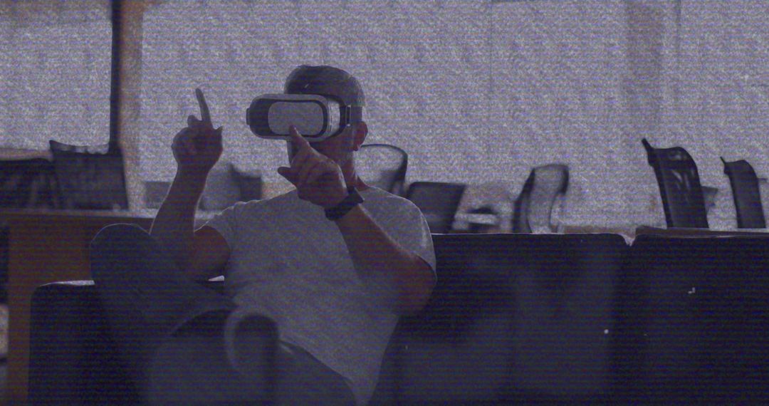 Caucasian Man Experiencing Virtual Reality in Office VHS Style