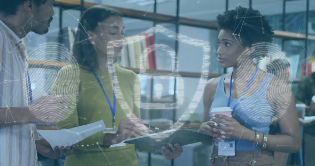 Global Cybersecurity Discussed by Diverse Team in Modern Office