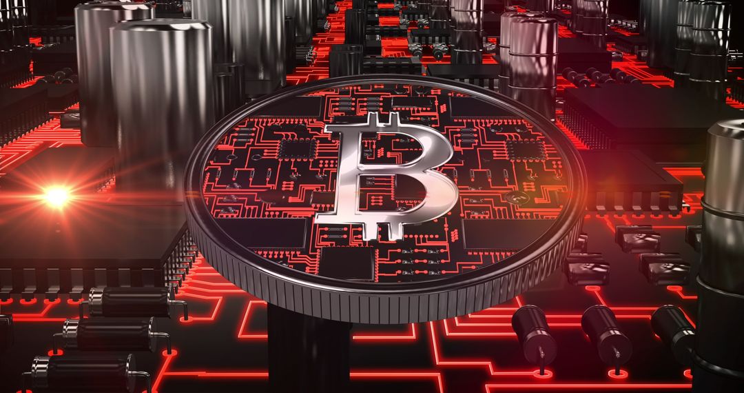 Bitcoin Symbol over Futuristic Circuit Board