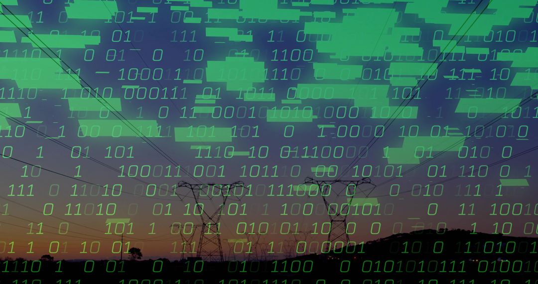 Transmission Towers at Dusk with Binary Overlay Symbolizing Digital Connectivity