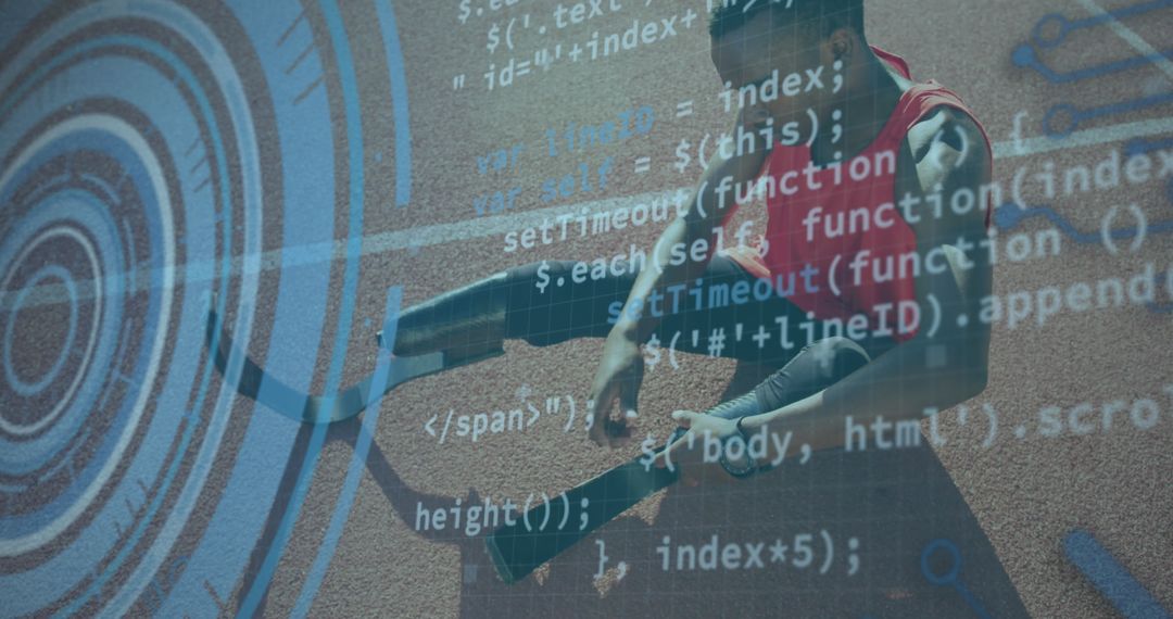 Digital interface with athlete overlaid with coding script