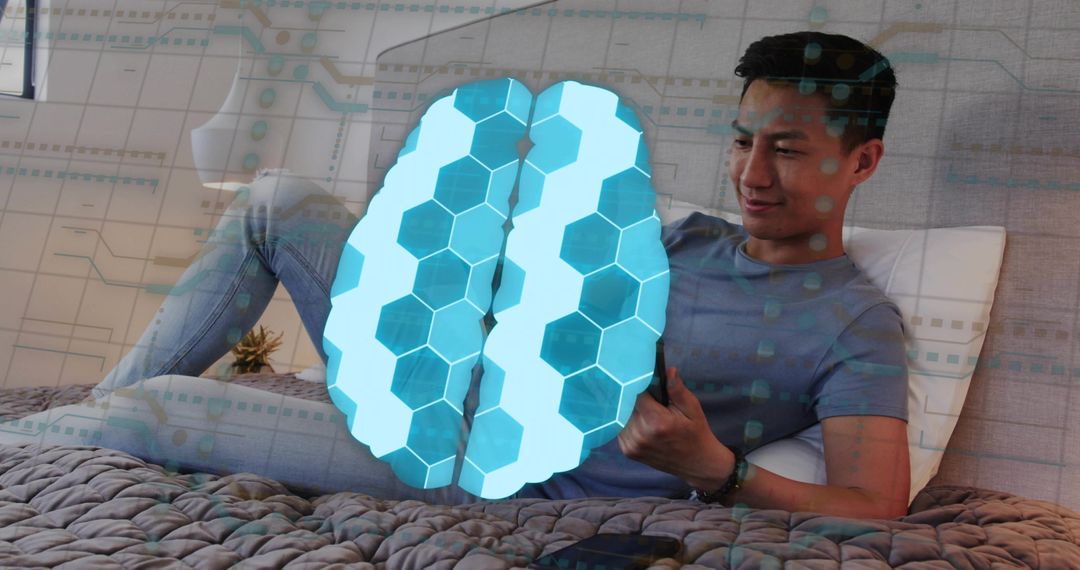 Reclining man holding smartphone with digital brain overlay, AI connectivity and relaxation