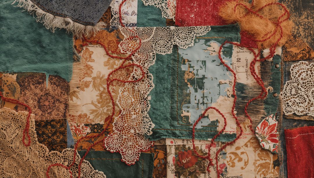 Patchwork Fabric Collage with Lace and Yarn Detailing