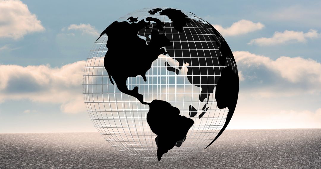 3D Mesh Globe Floating Against Cloudy Sky and Sea