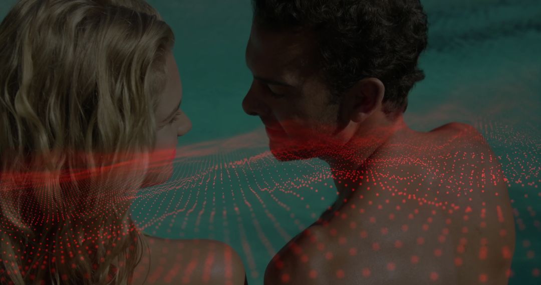 Romantic Couple with Digital Dot Grid Overlay in Pool