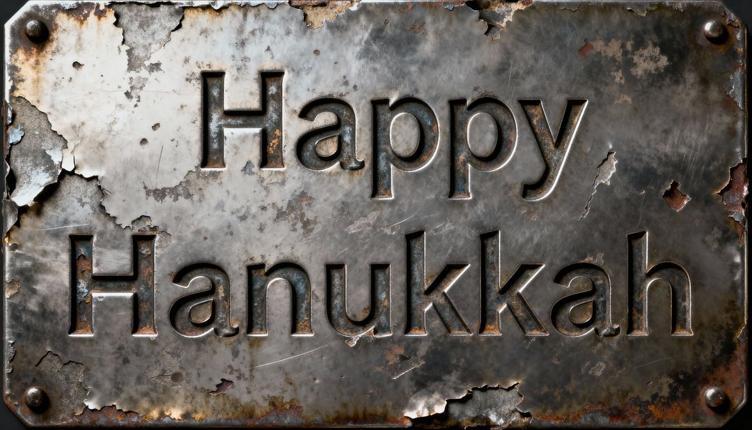 Rusty Embossed Happy Hanukkah Metal Plaque with Weathered Patina and Rivets