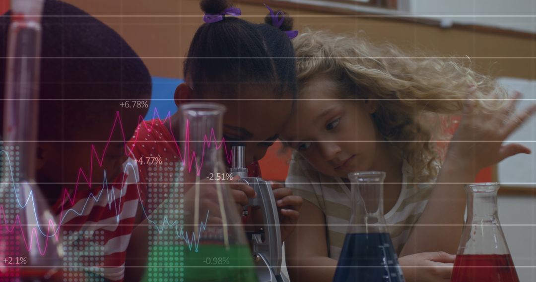 Curious Children exploring Science Experiment with Microscope