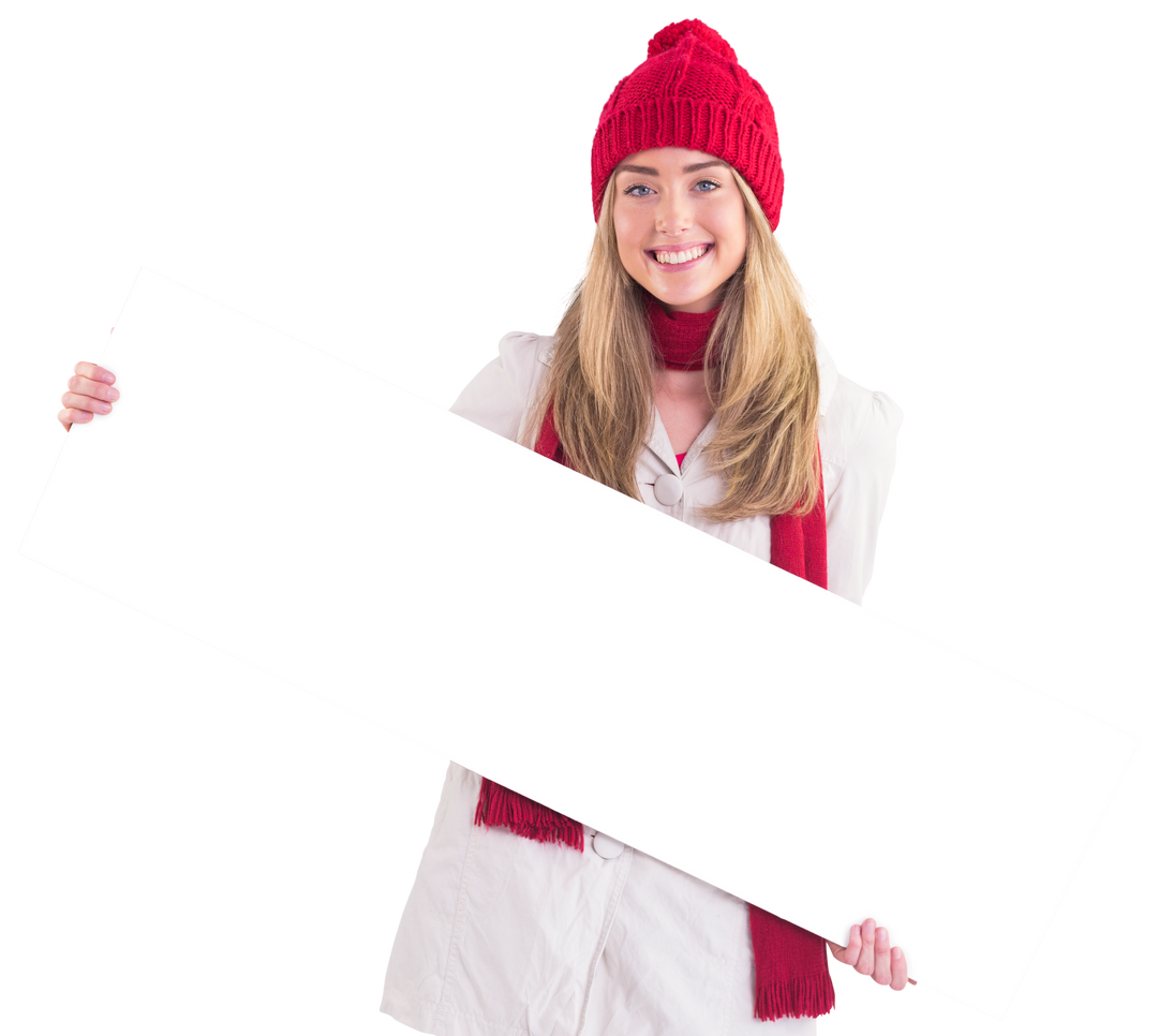 Smiling Blonde Woman in Red Winter Hat Holding Blank Transparent Banner - Download Free Stock Images Pikwizard.com