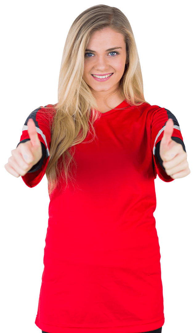 Cheerful Female Fan in Red Jersey Giving Double Thumbs Up Transparent Background