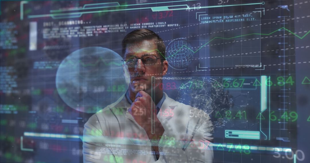 Male Doctor Analyzing Digital Data and Graphs in High-Tech Environment