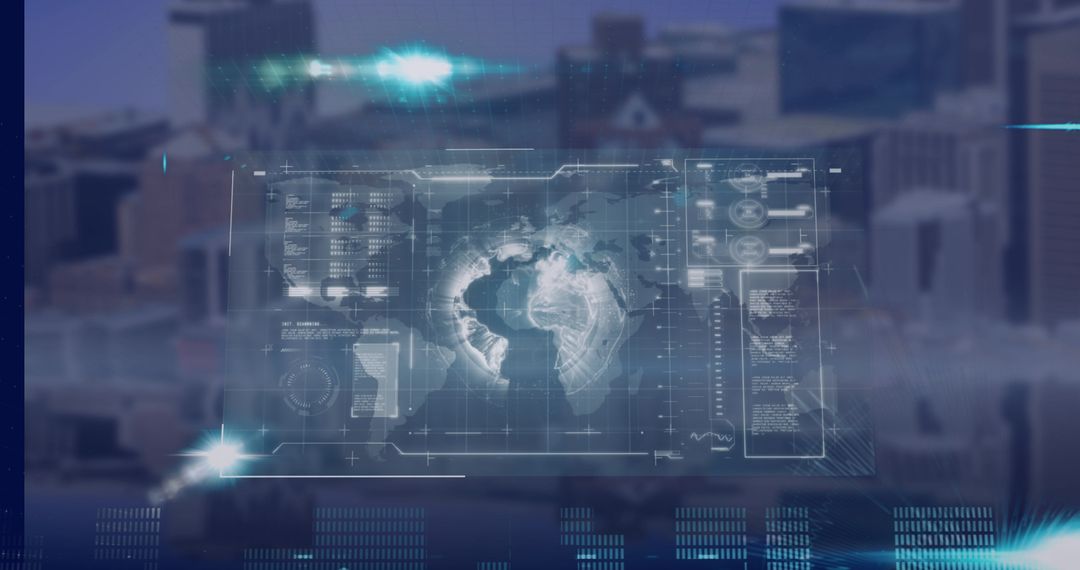 Futuristic Digital Data Globe Overlay on Urban Cityscape