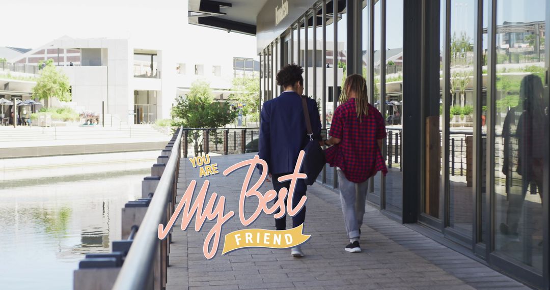 Friends Strolling by Riverside with 'Best Friend' Text Overlay