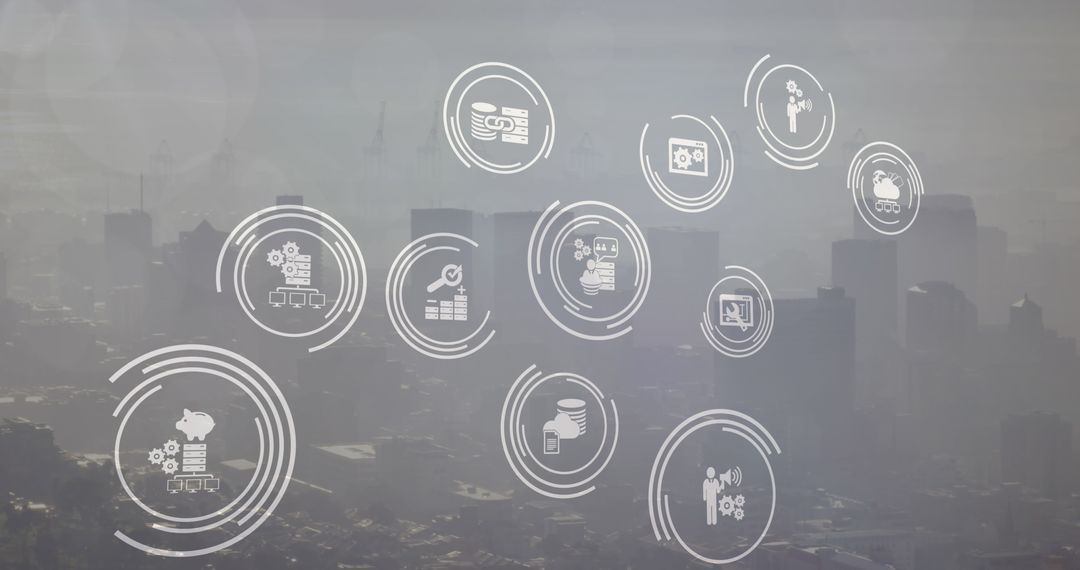 Digital Interface Symbols Projecting on Urban Cityscape