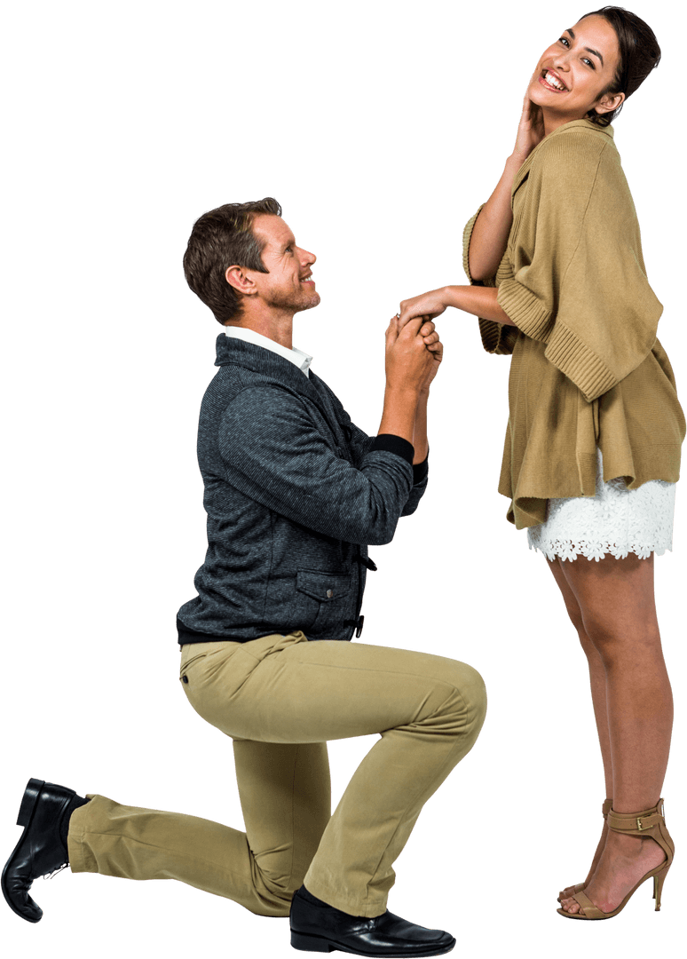 Romantic Proposal Scene with Man Proposing on One Knee on Transparent Background