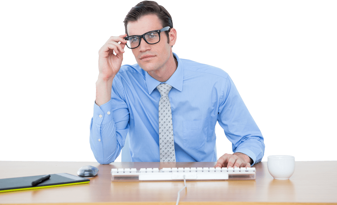 Transparent Businessman Adjusting Glasses at Desk with Computer