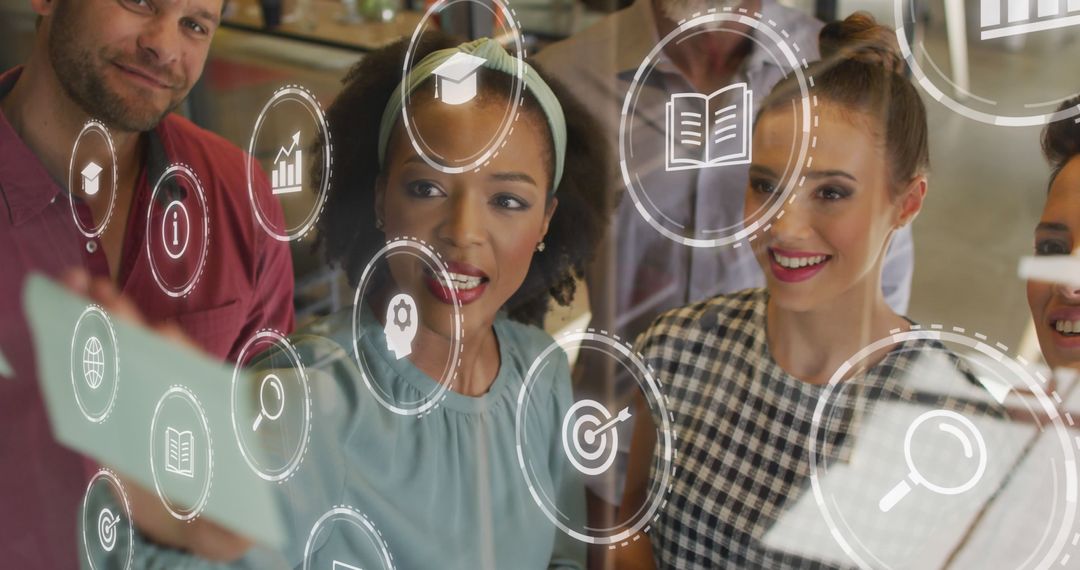 Diverse Colleagues Brainstorming with Digital Interface