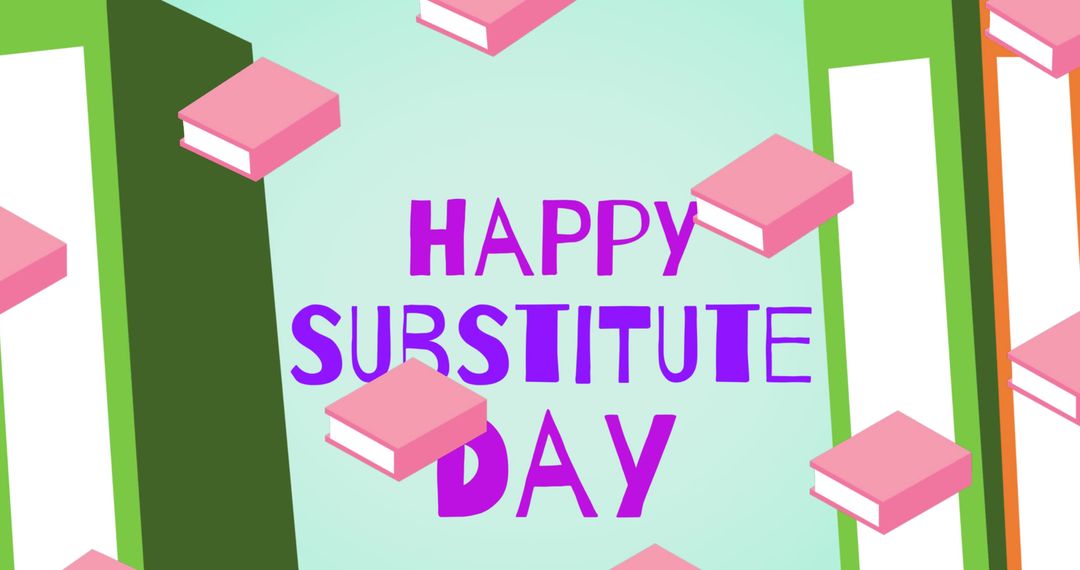 Happy Substitute Day Poster with Floating Pink Books