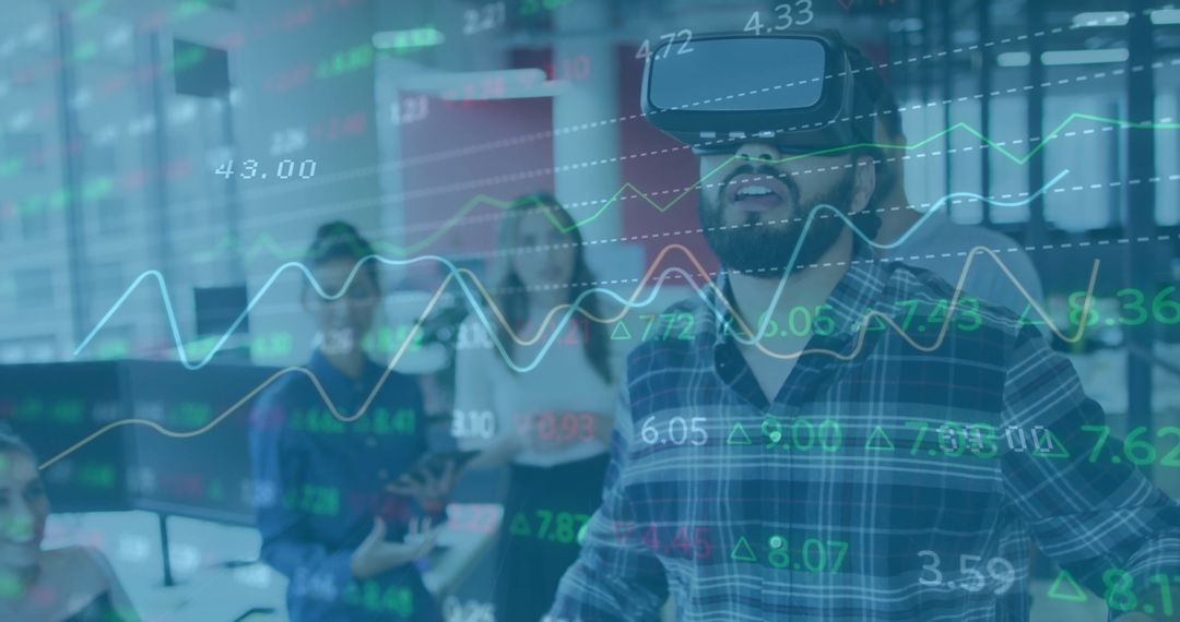Businessman Using VR Headset with Overlay of Financial Data Visuals