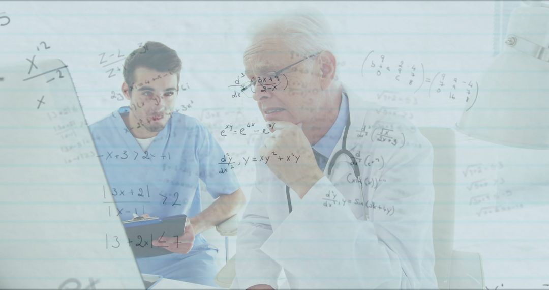 Senior Doctor Analyzing Medical Data with Trainee and Mathematical Equations