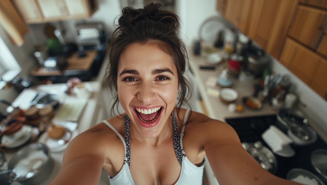 Joyful Home Cook Taking Selfie in Rustic Kitchen