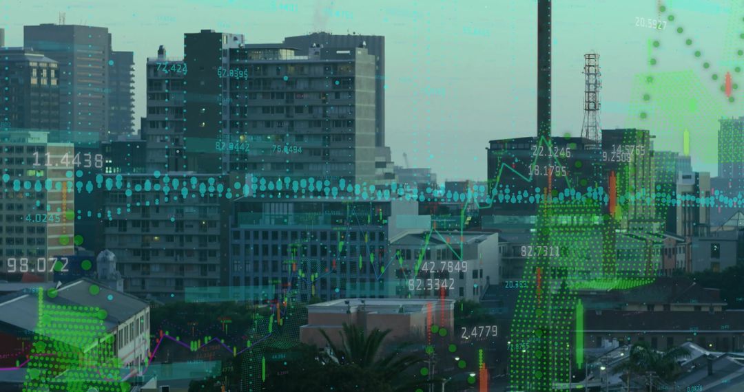 Financial Data Processing Overlaying Urban Skyline