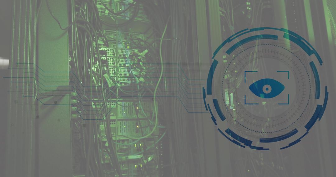 Eye Retina Scanner with Server Room Highlighting Cyber Security Concept