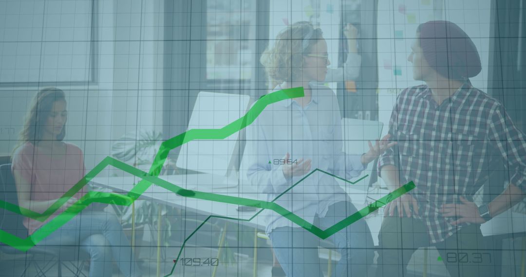 Financial Data Overlay with Business Team in Modern Office Environment